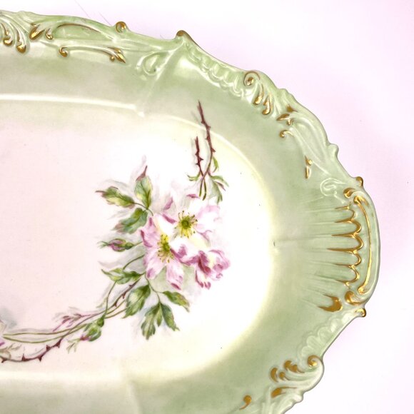 Vintage Limoges France Hand Painted Green Oval Serving Platter 16" * 10.5 " - Picture 5 of 7
